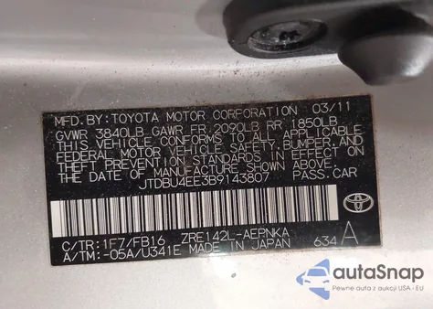 2011 Toyota Corolla Le из США, поврежденный, VIN JTDBU4EE3B9143807